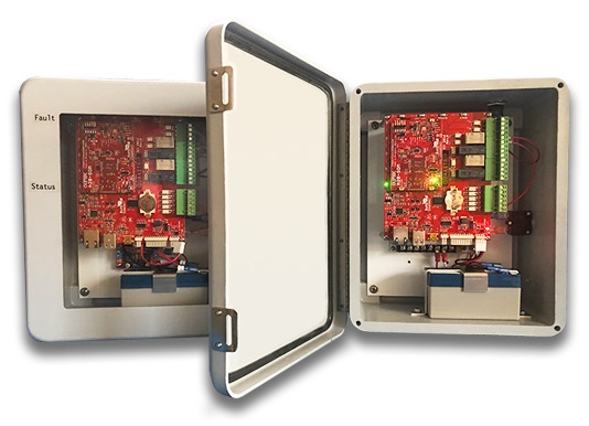 QuakeTrip hardware with the enclosure open, showing its control boards
